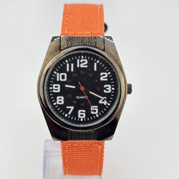 Men's Military Watch 36MM Black Dial New Orange Canvas Band Straps New Battery - Picture 1 of 11